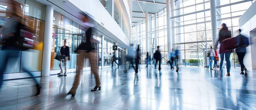 People walking through a modern public building interior with motion blur. Editorial wide shot representing urban lifestyle, crowd movement, daily routine, and public space activity.