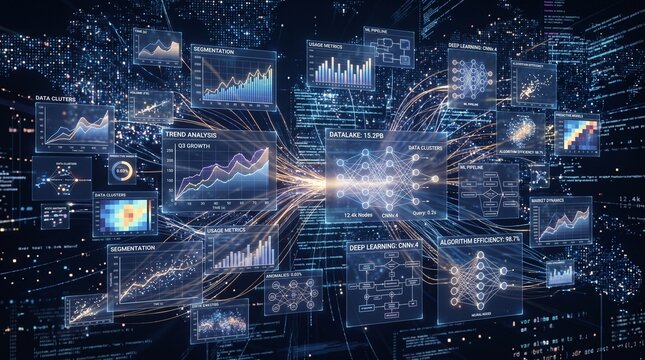 Complex neural network interface displays intricate data visualization charts with glowing blue connections and advanced analytical metrics set against a deep dark futuristic digital background
