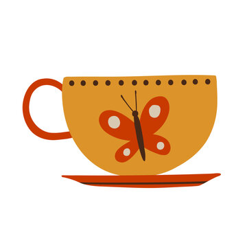 Decorative orange teacup and saucer with butterfly motif and dotted border. Hand drawn colorful kitchen tableware illustration in orange, brown and cream, isolated on white background.