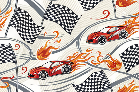 Seamless pattern featuring racing cars with trail of fire and checkered finish flags for motorsport design.