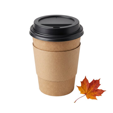 Kraft paper coffee cup with blank sleeve and autumn maple leaf