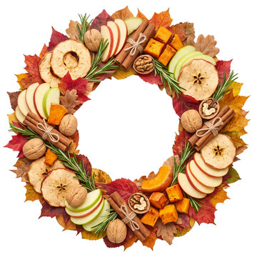 Autumn wreath with apple slices, cinnamon, walnuts, pumpkin and colorful leaves