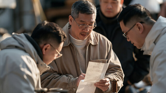 An engraver and diverse workshop colleagues repurposing the back of a restaurant bill as scrap paper for noting measurements, quiet moment before restarting work in harsh midday