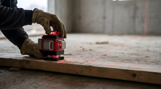 Professional construction worker using a red laser level tool to accurately mark a wooden board for precision layout on an indoor residential or commercial building site renovation project