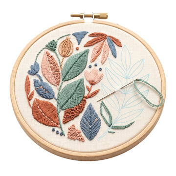 Work in progress modern botanical hand embroidery in wooden hoop with needle and thread