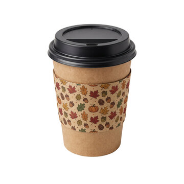 Kraft paper coffee cup with black lid and autumn pattern sleeve