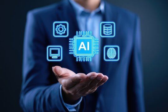 AI Integration with Business: A businessman in a suit extends his hand, showcasing a holographic projection of an AI chip surrounded by various business-related icons.