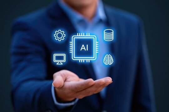 AI Innovation Handheld: A businessman in a sharp suit presents an illuminated display of artificial intelligence symbols floating above his open palm, showcasing the future of technology and data.