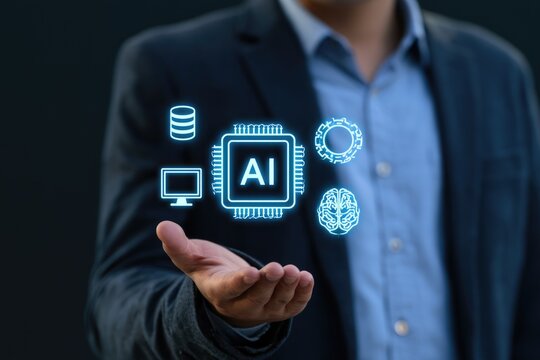 AI Technology in Hand: A man in a suit holds out his hand, showcasing a holographic projection of artificial intelligence icons, symbolizing the integration of advanced technology into business.