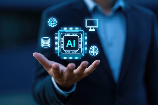 AI Technology Integration: A businessman's open hand showcases a futuristic AI chip surrounded by glowing digital icons.