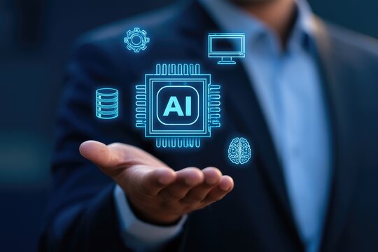 AI Technology Interface: A businessman's hand is outstretched, showcasing an AI chip hologram surrounded by digital icons representing data, computing, and brain functions.