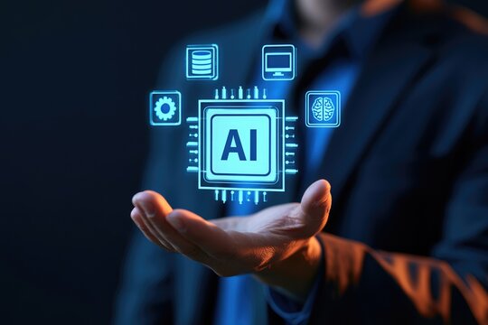 Artificial Intelligence Concept: A businessman's hand showcases a glowing AI chip hologram, surrounded by digital icons representing innovation and technology.