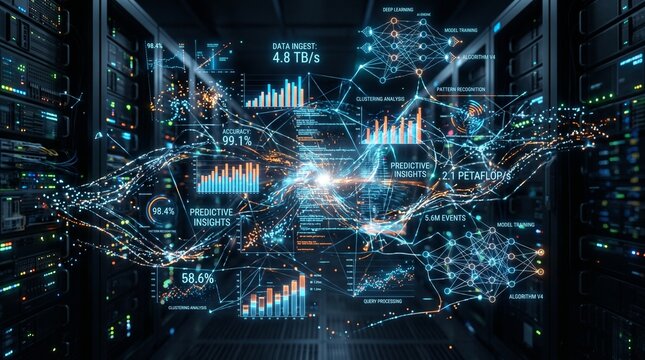 Complex digital data visualization interface displays neural network nodes and analytical statistics with glowing blue light streaks in a high speed computing server room environment