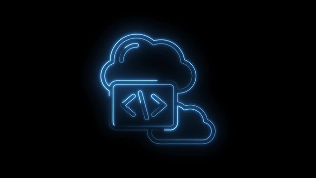 Glowing blue neon cloud icon with code symbols inside representing cloud computing software
