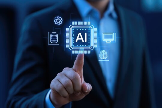 Artificial Intelligence Chip Interaction: A businessman in a suit reaches out to touch a digital interface displaying an AI chip, surrounded by icons representing data, technology, and intelligence.