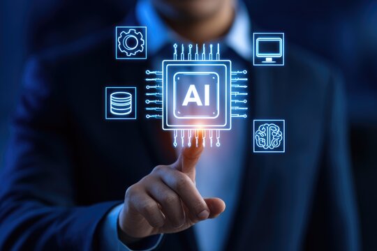 Artificial Intelligence Integration: A businessman's finger touches a glowing AI chip, surrounded by icons representing data, computing, and brain networks.