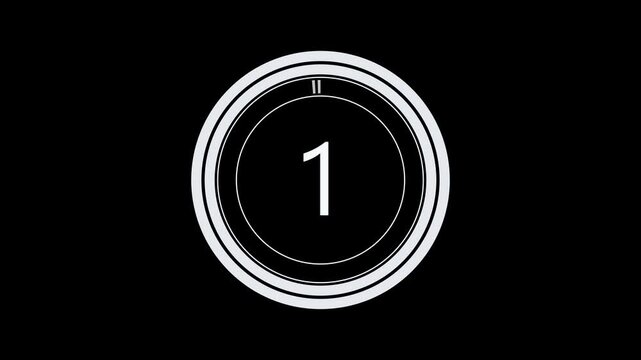5 second countdown timer, digital circular animation from 5 to 0 seconds on black background. Simple 5-second countdown timer for movies, start intro and video