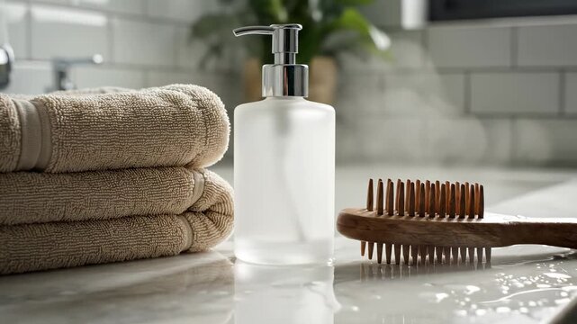 Folded beige towels, glass dispenser and wooden brush rest on white bathroom counter beside tiled wall. Bath linens and spa accessories support hotel marketing, hygiene education
