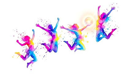 Obraz premium Abstract colorful figures jumping in celebration with vibrant paint splash effects