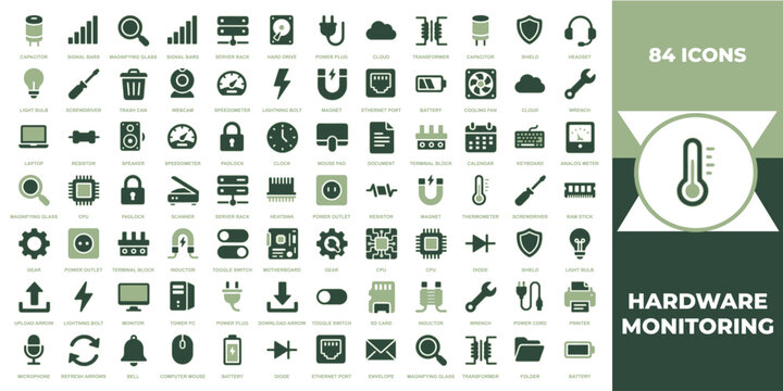 Eighty four essential hardware monitoring and system administration icons for digital infrastructure and professional network management tools