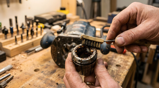Close-up view of a professional carpenter hand cleaning a wood router collet with a wire brush in a dusty workshop setting, showcasing precision maintenance and manual skills for woodworking projects.