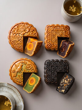 4 types of quarter cut slice mooncake with egg yolk for Chinese Mid-Autumn Festival