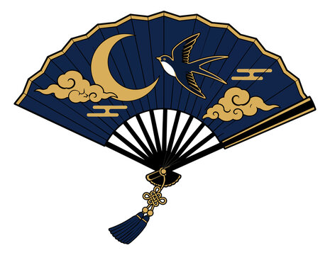 Navy Blue Folded Hand Fan with Gold Moon and Swallow Bird
