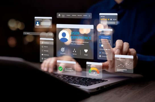 UX analytics dashboard showing user behavior, interactions, satisfaction, ratings and task completion for usability testing, product experience and digital optimization.
