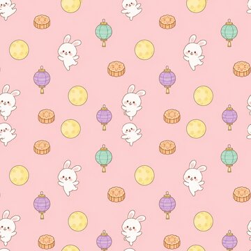 Charming seamless design of adorable rabbits lanterns and mooncakes for celebrating the mid autumn festival