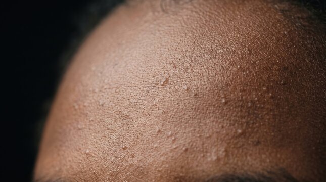 Extreme close up of closed comedones and small bumps on male forehead skin