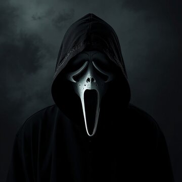 Ghostface mask on dark hooded figure for Halloween costume and party concept with horror movie killer, misty night, and spooky atmosphere for seasonal entertainment