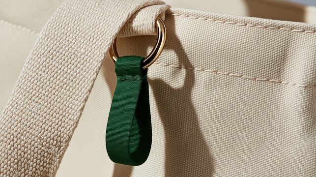 Beige canvas tote bag with dark green fabric pull tab connected through polished gold metal ring shows minimalist modern fashion accessory product detail