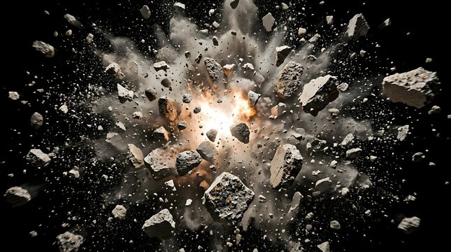 Exploding stone fragments, concrete debris blast, rock explosion on black background