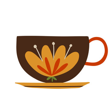Decorative brown teacup and saucer with orange floral ornament. Hand drawn colorful kitchen tableware illustration in brown, orange, mustard and cream colors, isolated on white background.