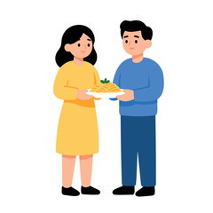 Fototapeta premium Couple sharing a plate of spaghetti with basil garnish