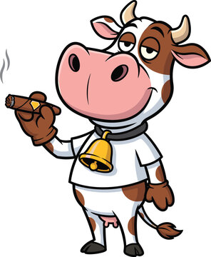 Cartoon cow smoking cigar &mdash; relaxed anthropomorphic character with bell and smirk for humorous farm-themed, lifestyle, or mascot designs