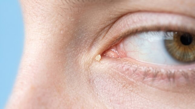 Small filiform wart near inner corner of human eye macro view