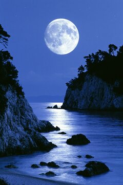 Massive glowing full moon hanging over narrow rocky coastal channel with moonlight reflecting on calm dark blue sea at night