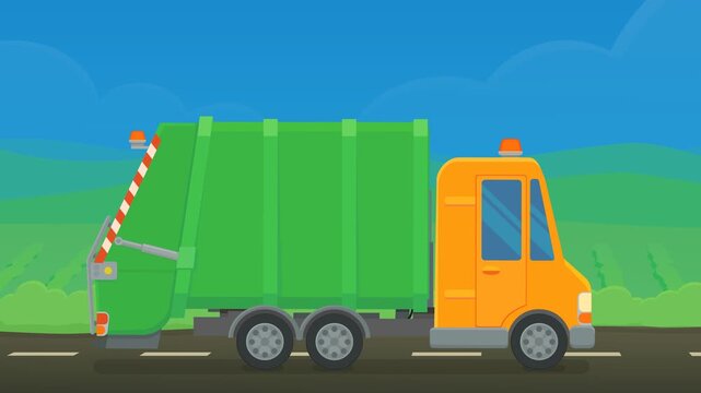 Animated garbage truck driving on a country road representing municipal waste management, recycling, and environmental sanitation. (loopable)