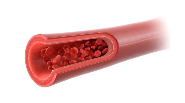 Simulates the inside of blood vessels or veins and red blood cells. Red blood cells in an artery or blood vessel, flow inside the body, medical human health care. 3D Rendering.