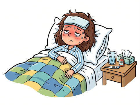 Sick child lies in bed with a cold compress on their forehead and a thermometer nearby.