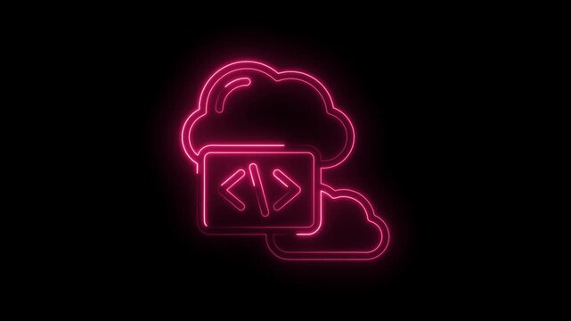 Neon pink cloud coding icon glowing on black background digital technology concept programming