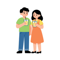 Fototapeta premium Young couple holding cups of yellow beverage with straws and smiling at each other