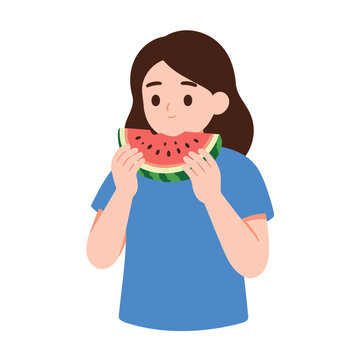 Young woman enjoying a slice of refreshing watermelon on a white background