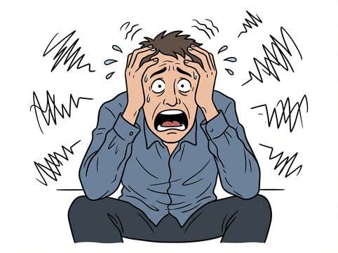 Man experiences intense stress and panic with his hands gripping his head tightly.