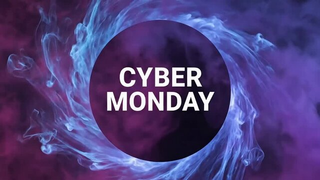 Cyber Monday sale banner with pink and blue ink cloud background for digital marketing.