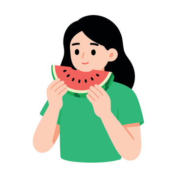 Young woman enjoying a slice of juicy watermelon on a white background