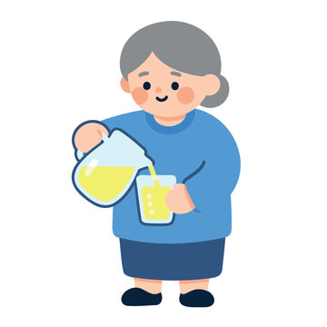 Elderly woman pouring yellow liquid from a jug into a glass