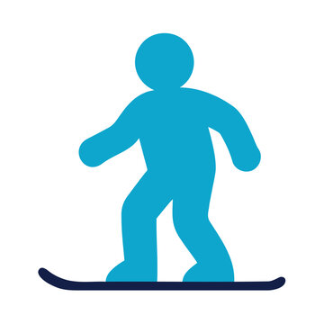 Abstract blue person silhouette snowboarding on a dark board