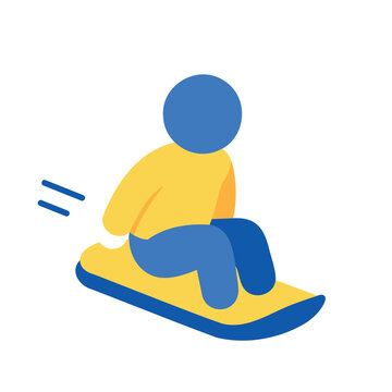 Stylized figure riding a yellow sled down a blue hill